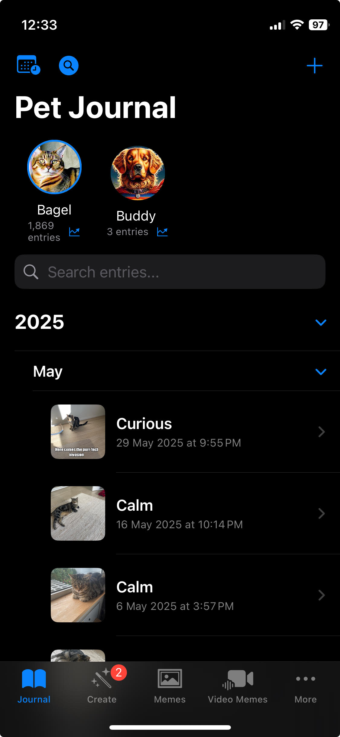 Pet Journal History and Search